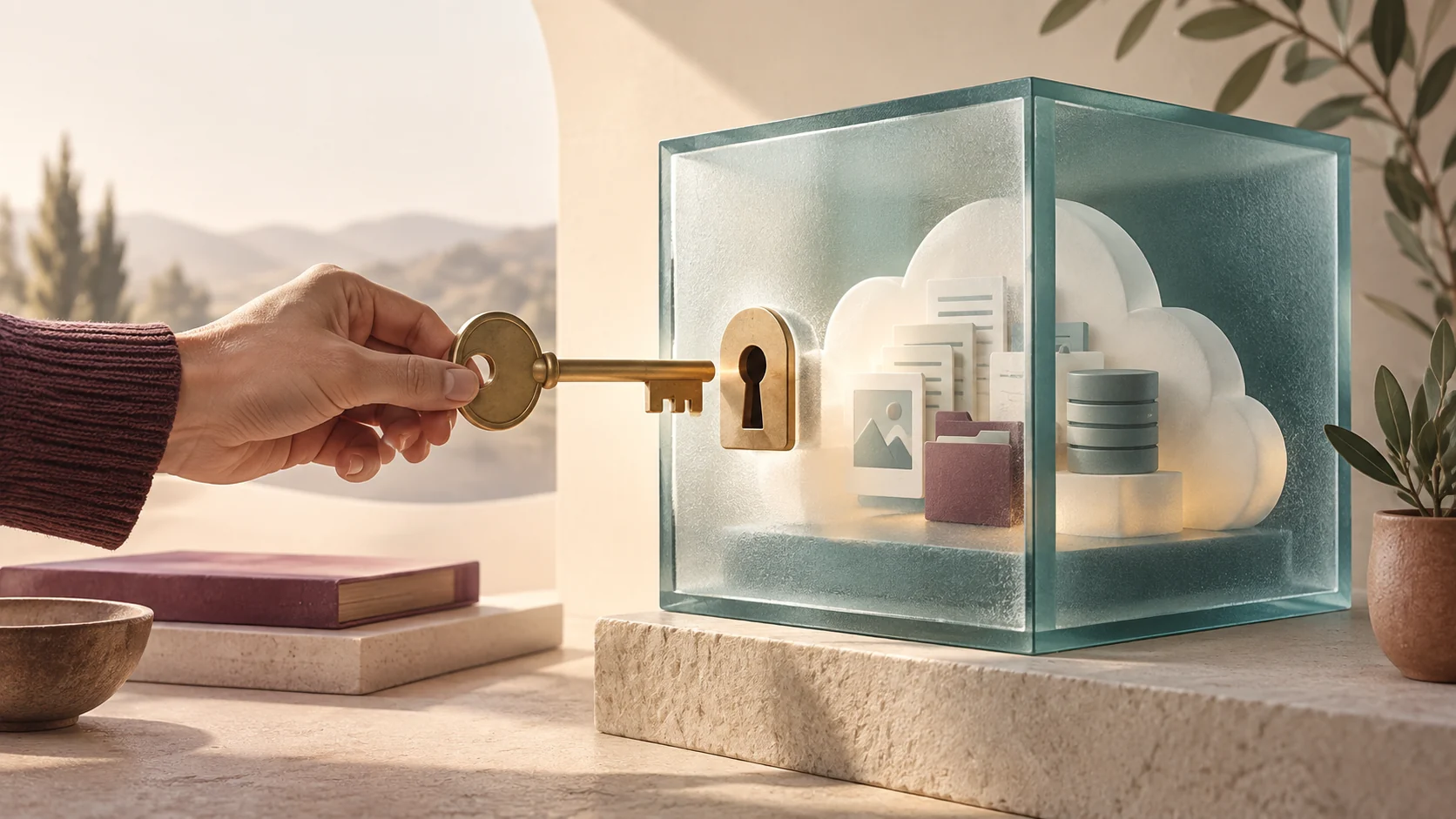 Editorial illustration depicting a stylized key resting beside clean data cards and balances on a warm ivory surface.