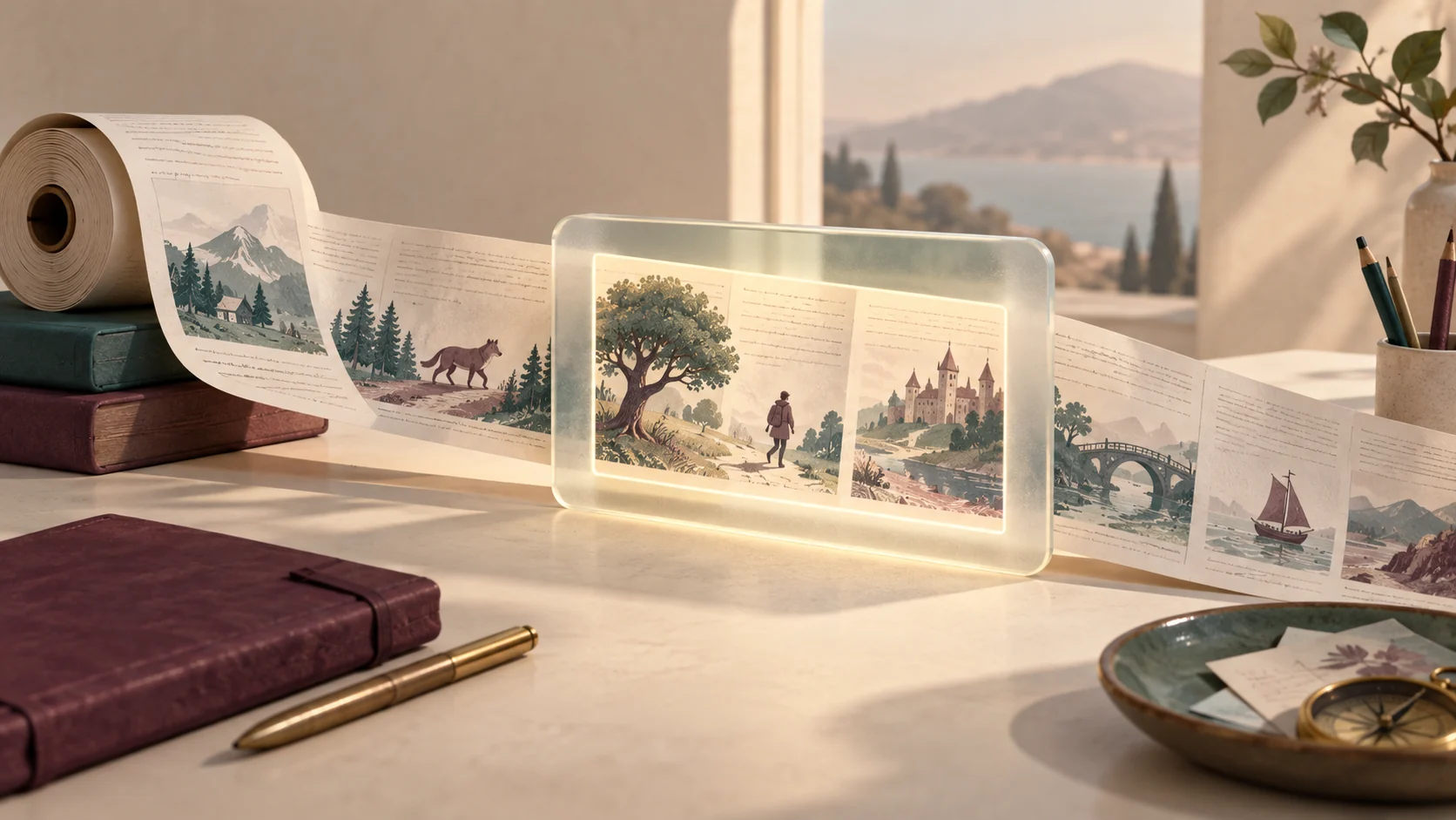 Tactile layered papers and frosted glass panels illustrating organized working context and reference memory.