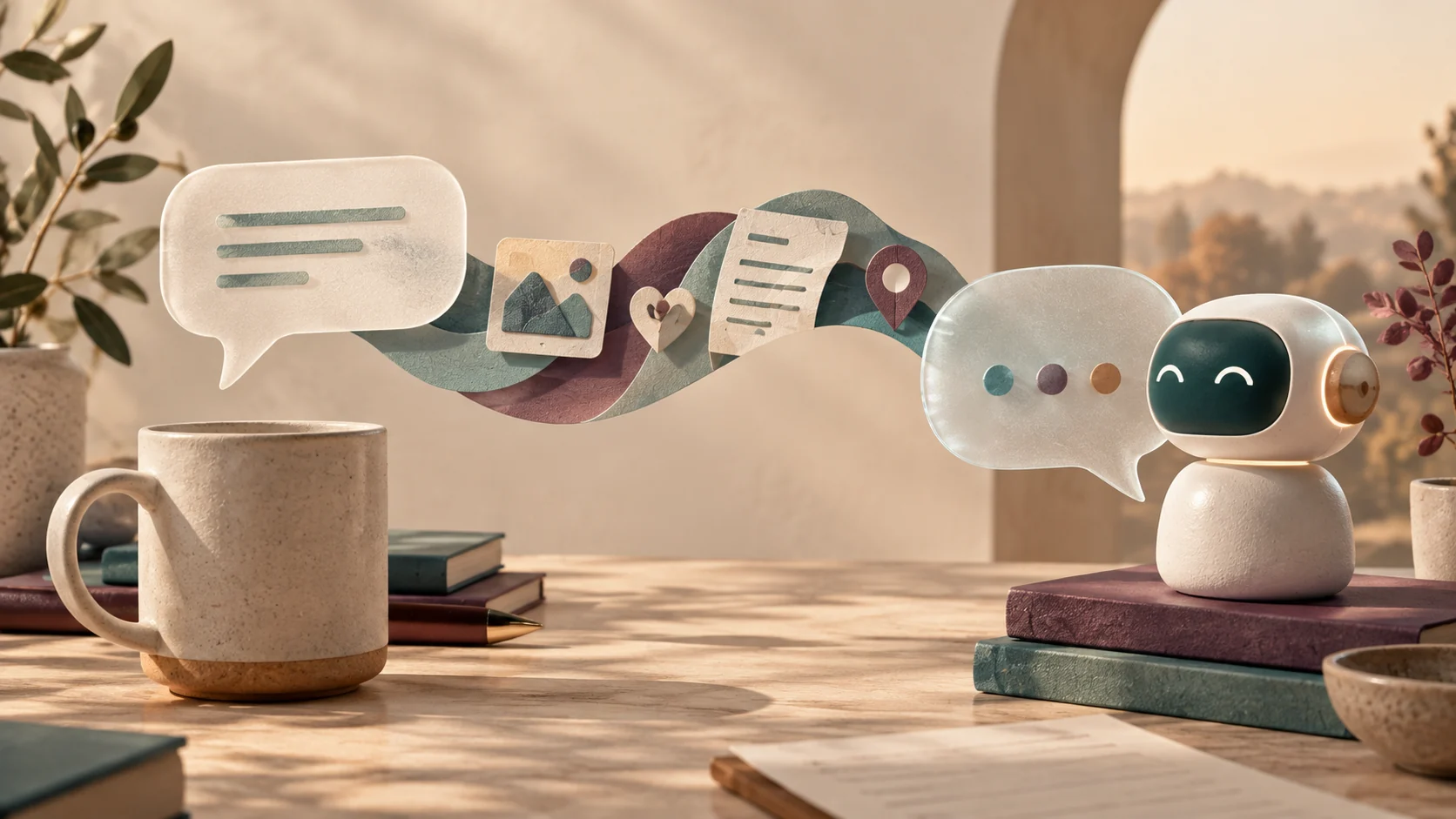 Editorial illustration of a minimalist desk with a frosted-glass digital pad displaying conversation turn stages in teal and plum tones.