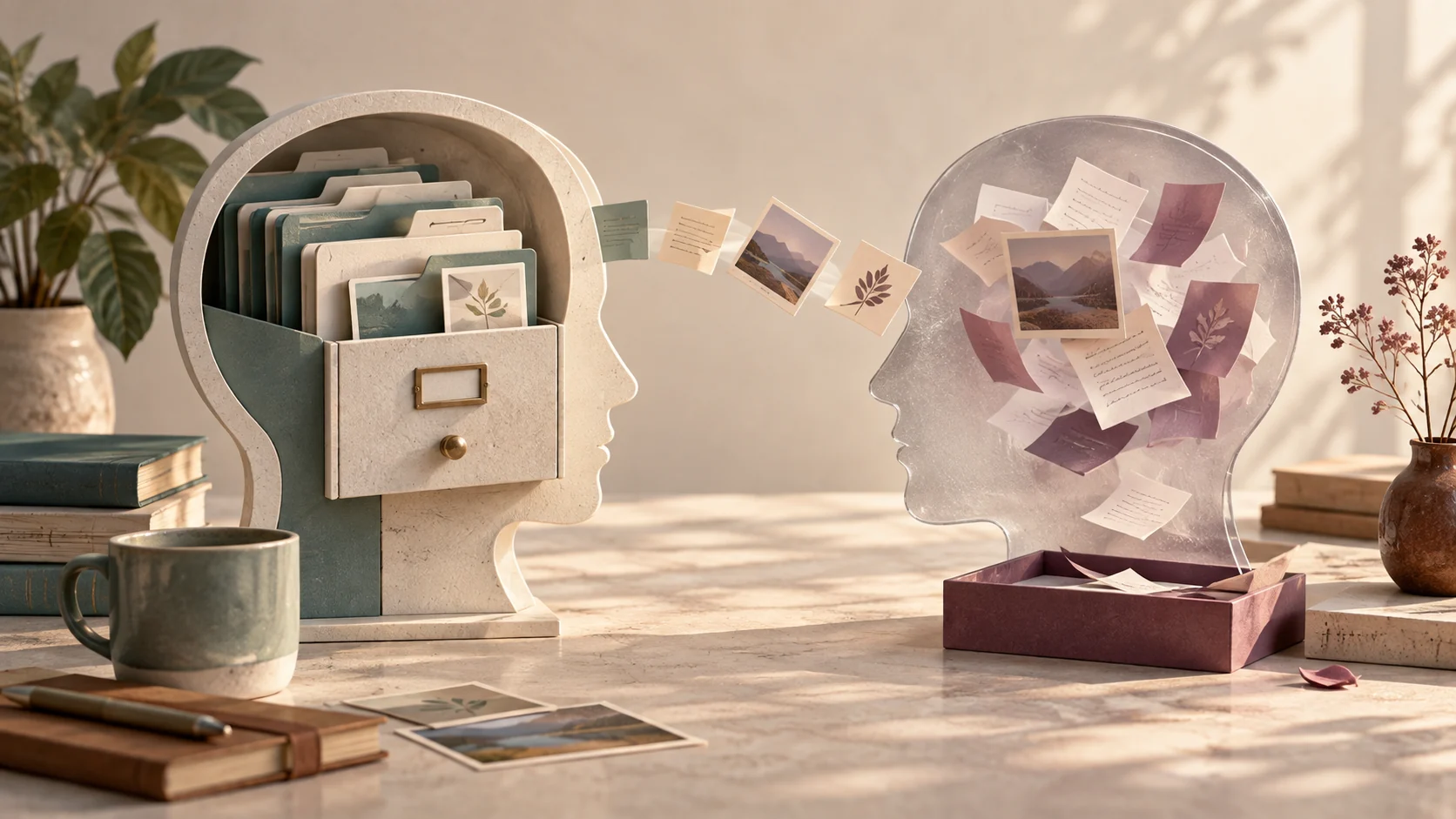 Minimalist editorial illustration of organized layered paper sheets and frosted glass panels representing structured memory and context.