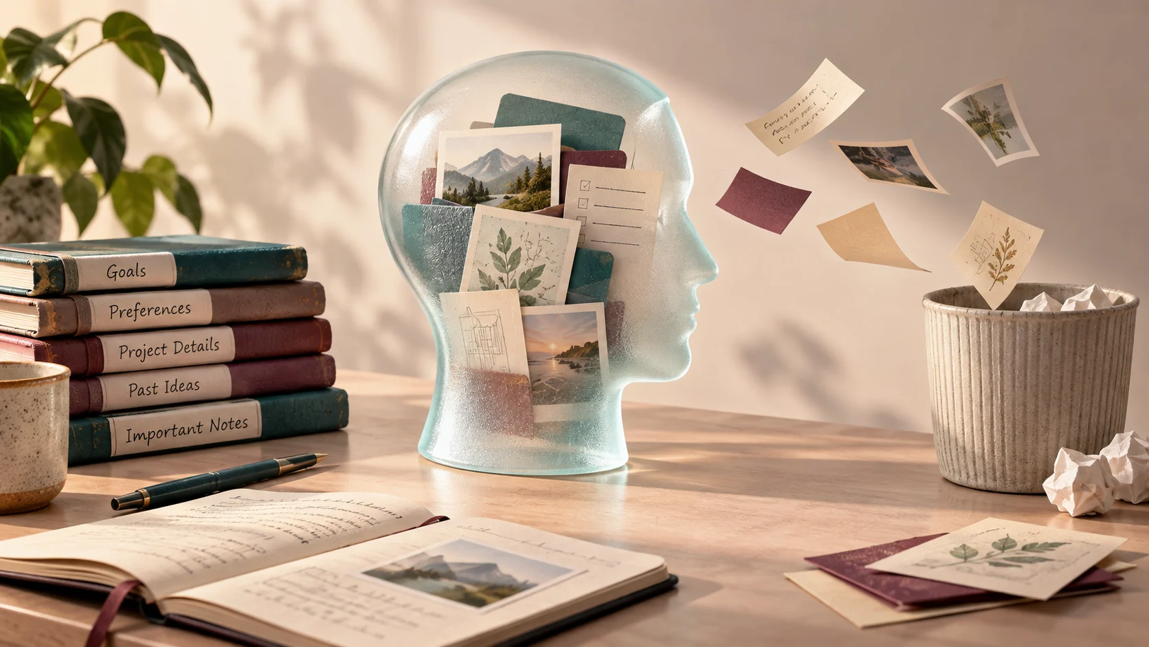 Organized workspace with paper reference cards and frosted glass tools representing clear context management in AI conversations.
