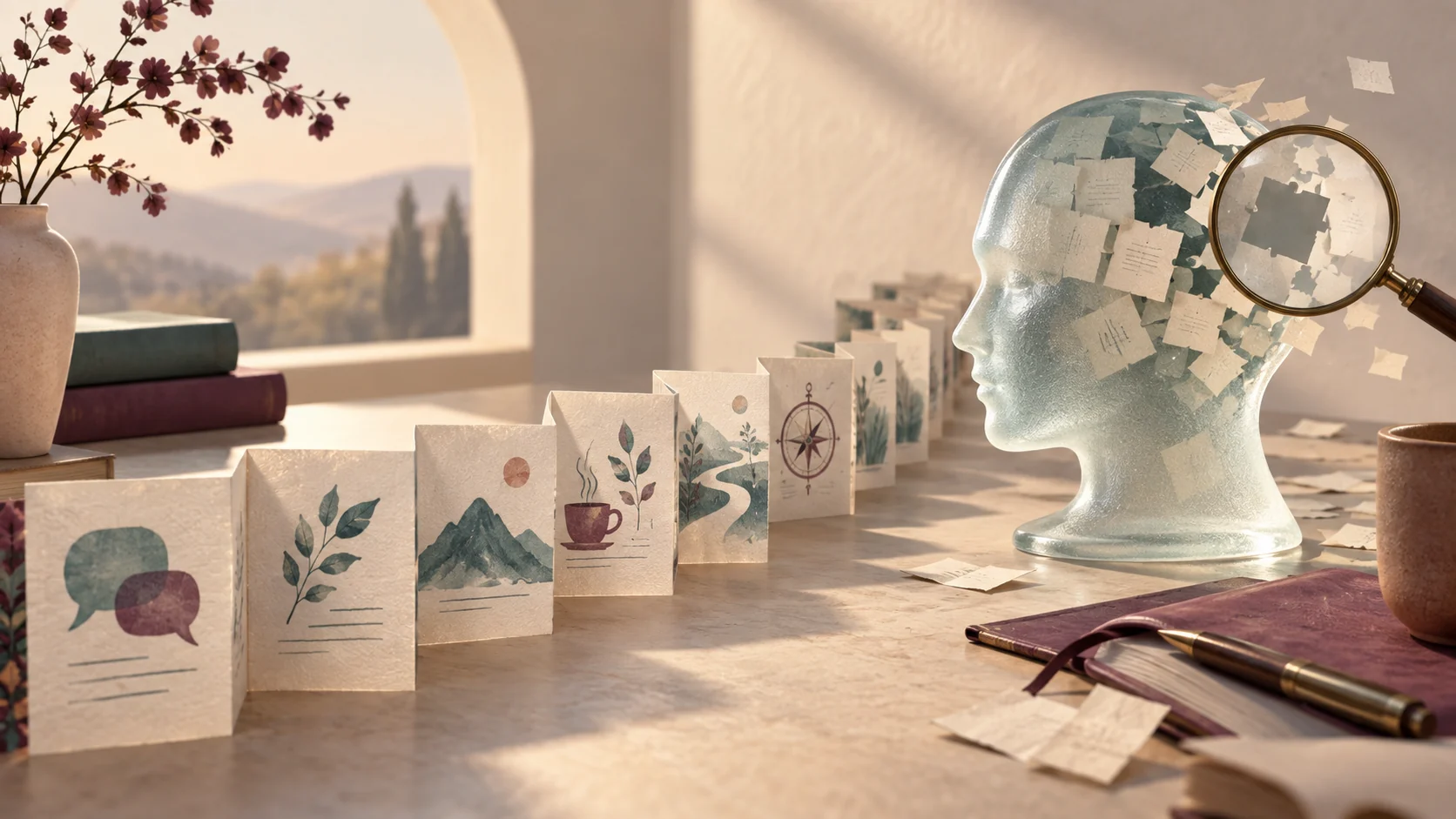 Tactile editorial illustration representing structured conversation notes and context preservation across AI threads.