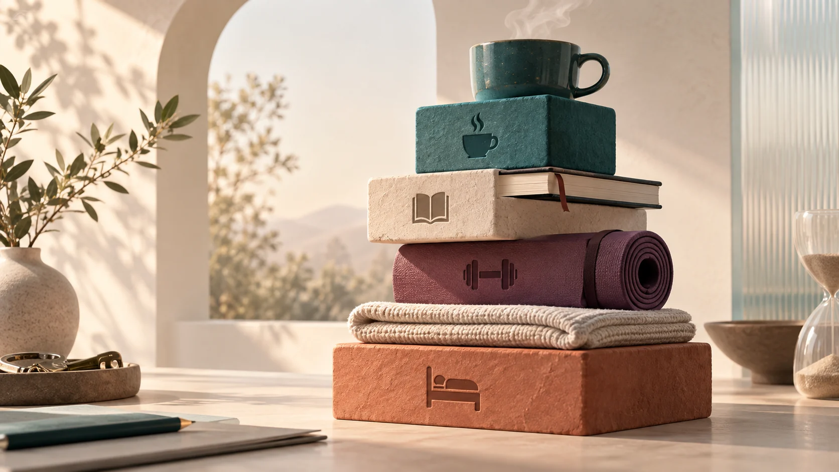 Editorial illustration of a clean desk workspace with paper checklist cards, a ceramic mug, and frosted-glass routine organizers in ivory, teal, and clay tones.