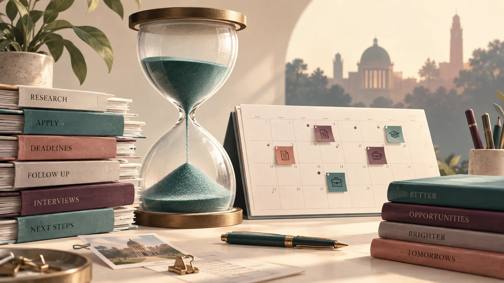 Editorial illustration of a clean desk with organized application notes, planner items, and portfolio folders in warm ivory, teal, and plum tones.