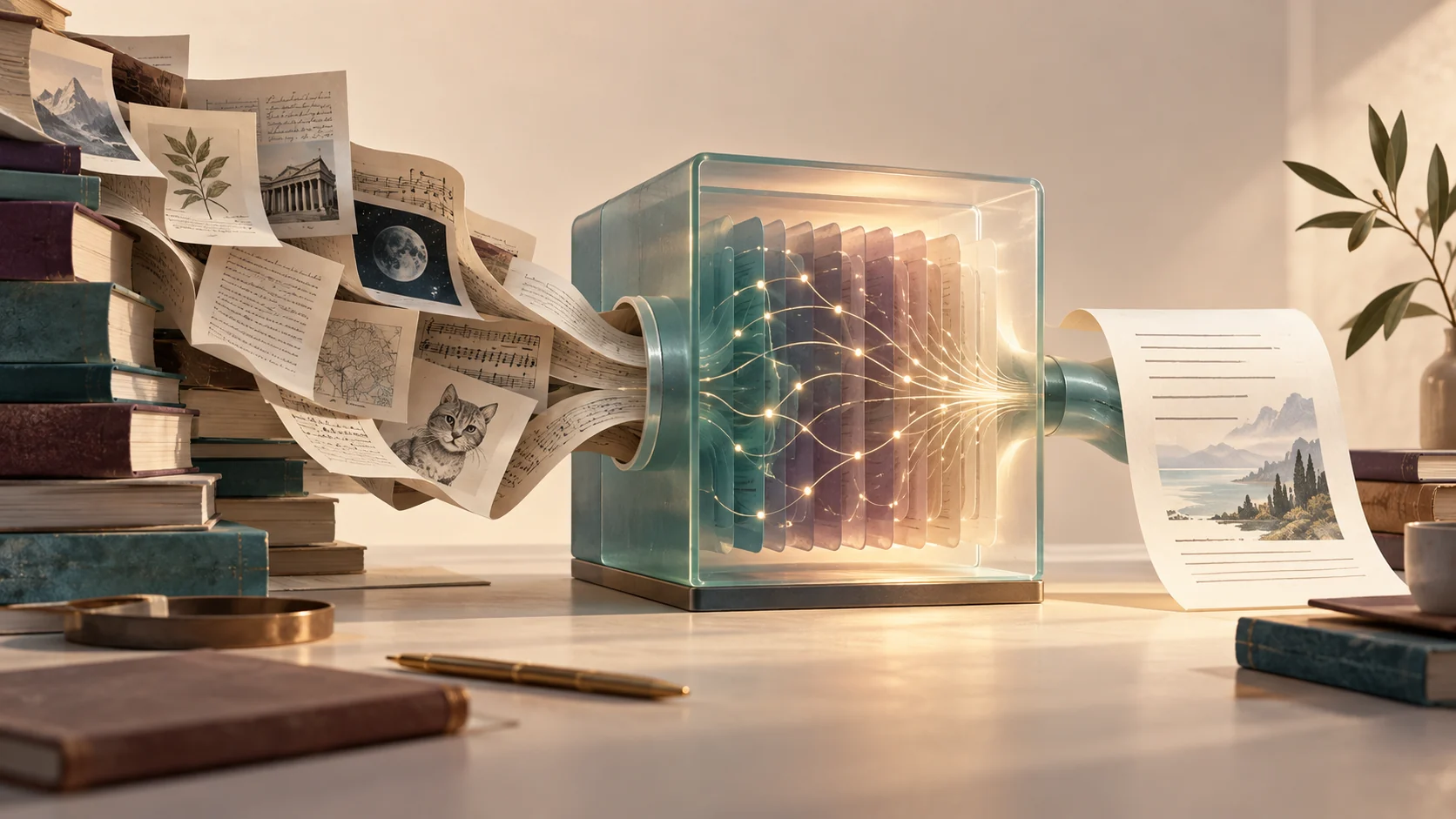 Abstract editorial illustration of layered translucent cards and structured notes representing language model context and token layers.