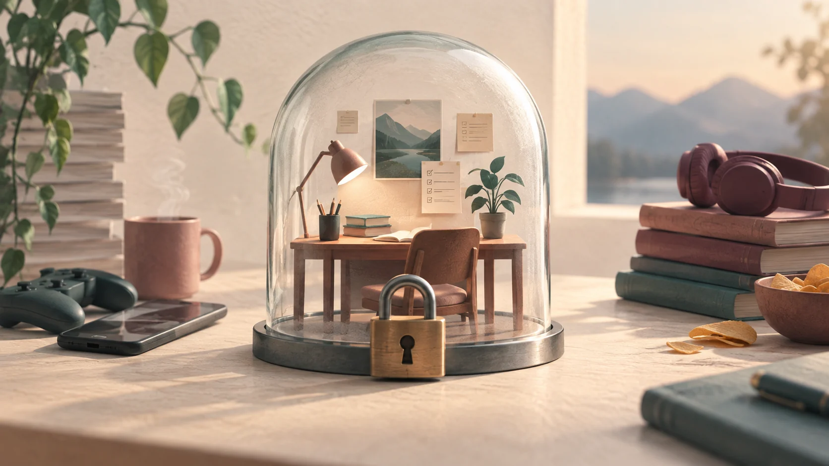 An editorial flat-lay illustration of an organized desk workspace with a physical timer, notebook, and ceramic tea mug.