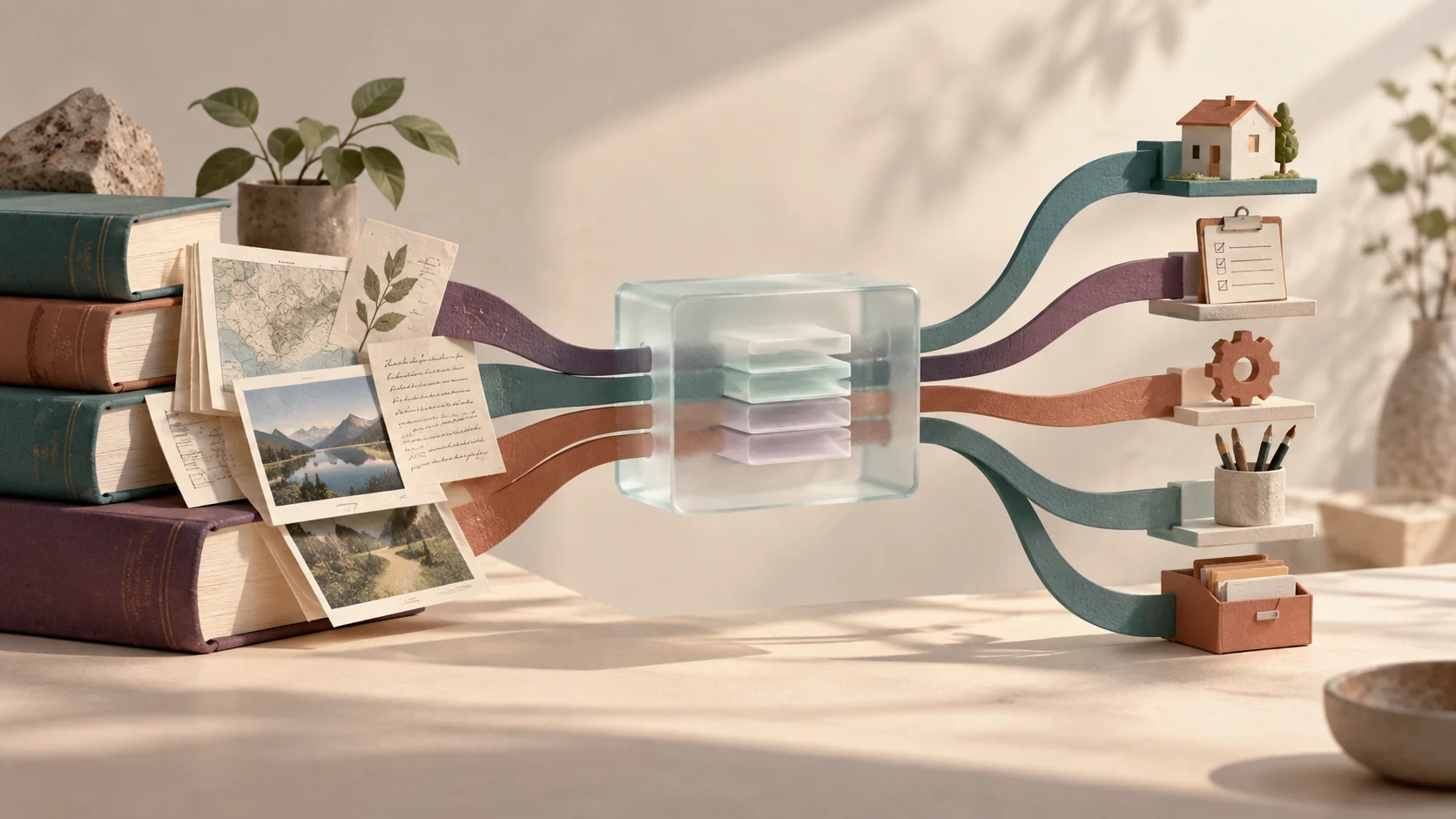 Diagram illustration on a warm desk showing modular blocks connecting an AI client to external tools and resources through the Model Context Protocol.