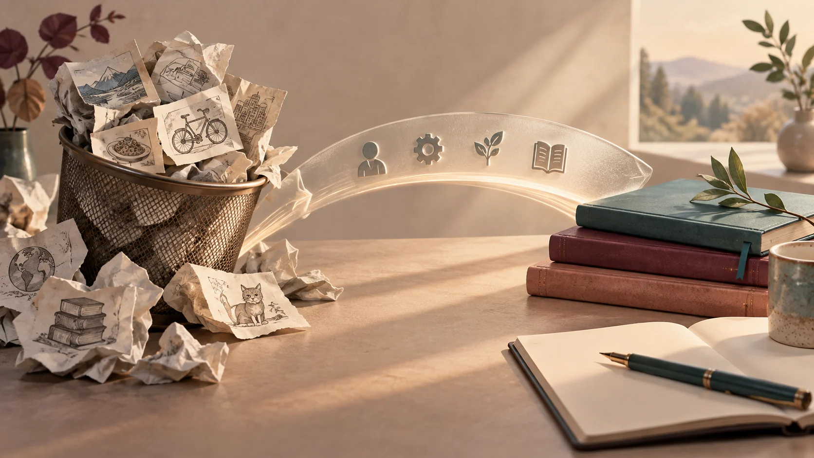 Structured research notes and modular paper folders arranged cleanly on an ivory surface with teal accents.