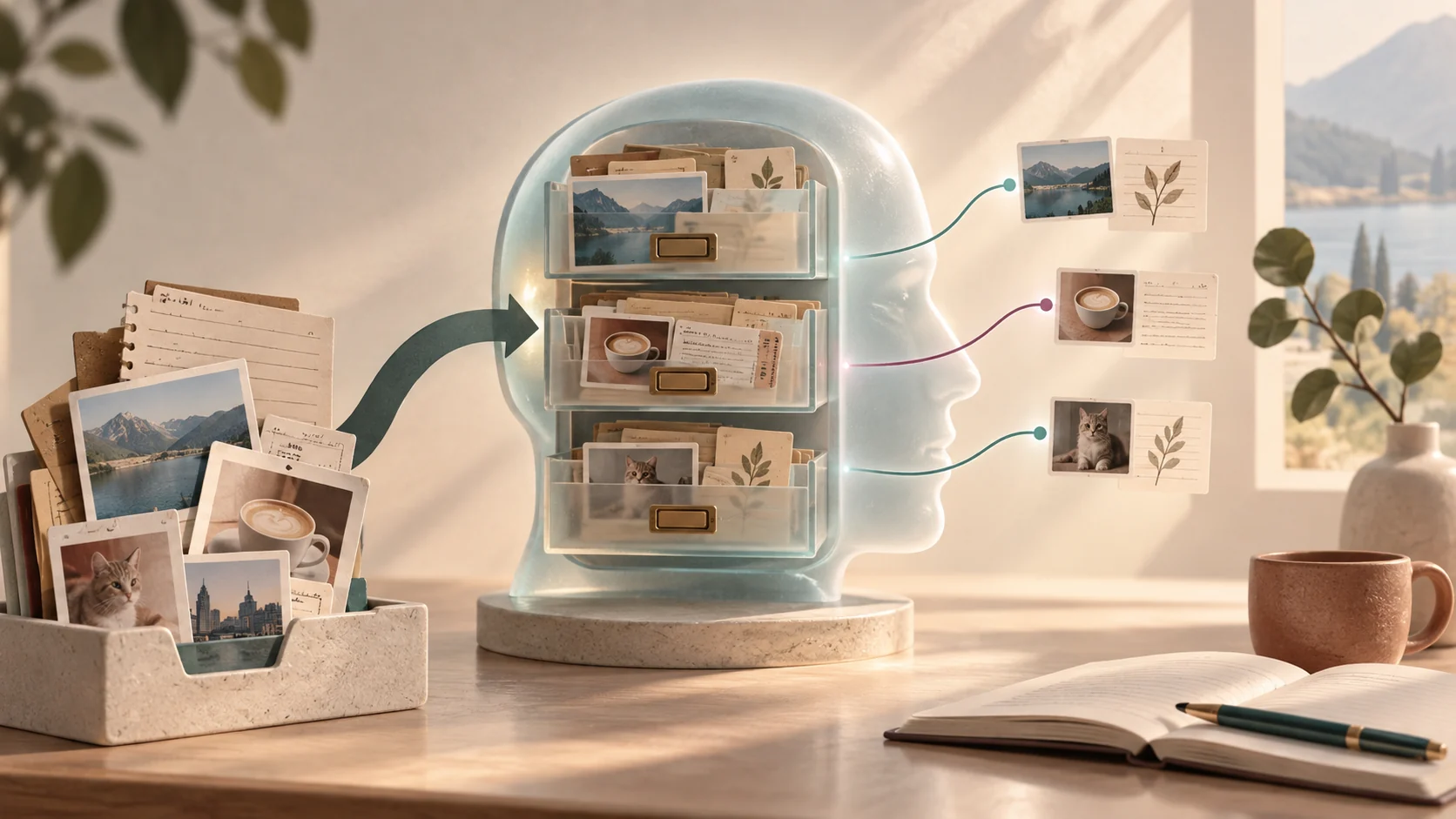An editorial illustration showing organized file tabs and frosted-glass memory cards representing structured AI memory storage.