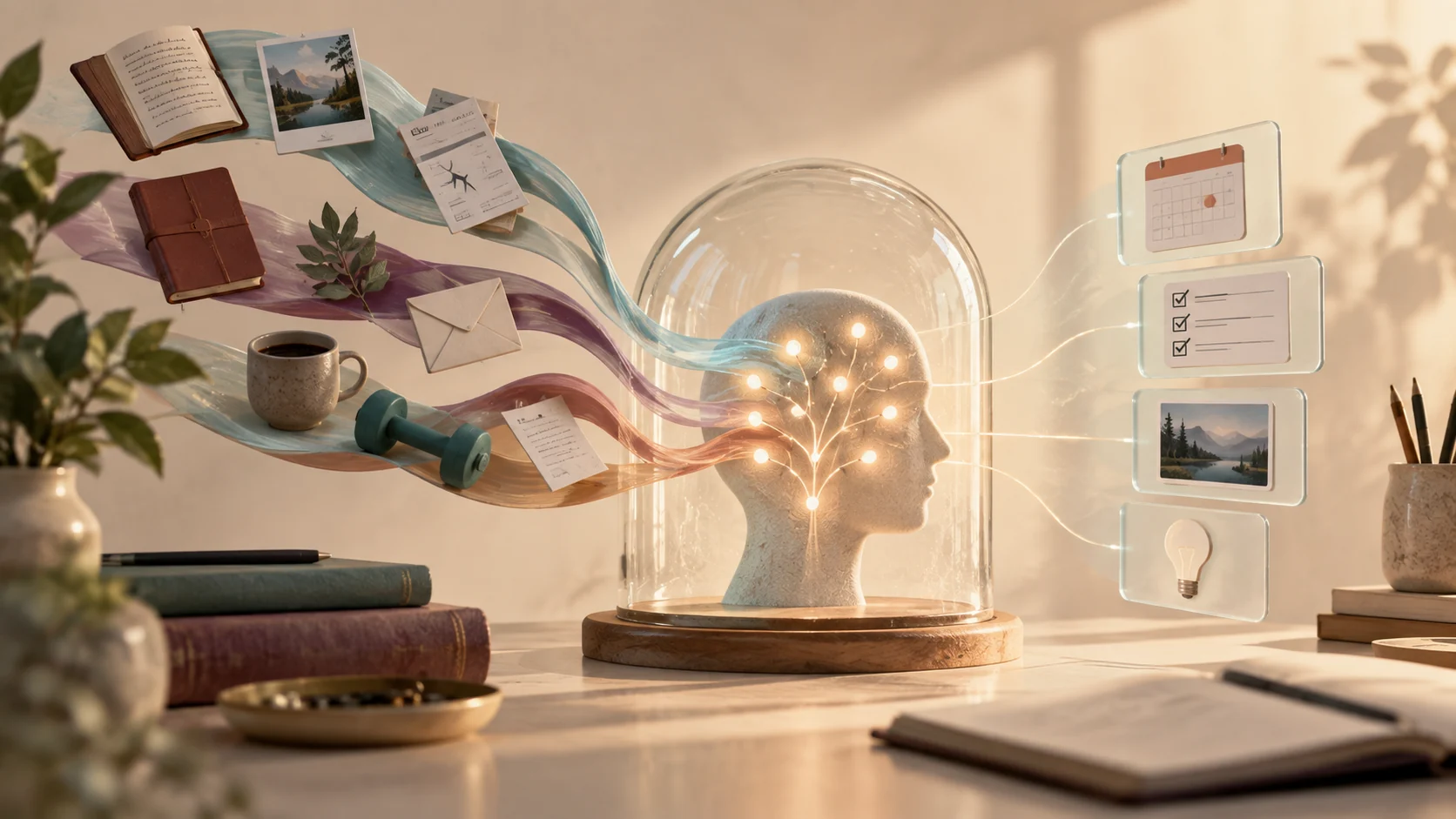 Tactile editorial scene of a tidy work desk featuring notebooks, glass panels, and planning materials representing organized personal AI memory.