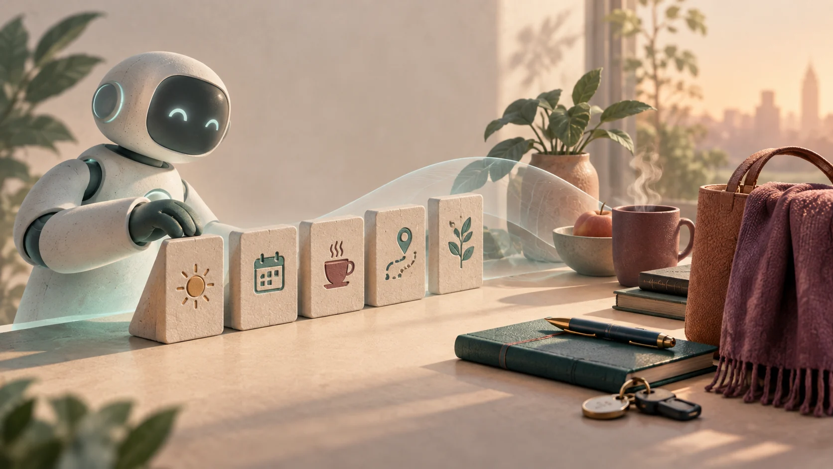 Editorial illustration showing a notebook, desk clock, and quiet workspace symbolizing proactive scheduling and thoughtful time management.