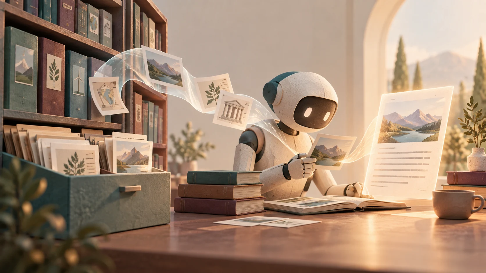 Editorial illustration with frosted glass cards and paper notes organizing reference snippets into a clean central document.