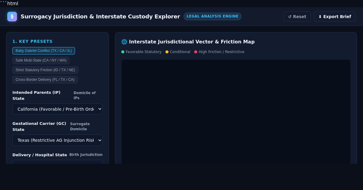Interstate Surrogacy Jurisdiction & Custody Conflict Explorer preview