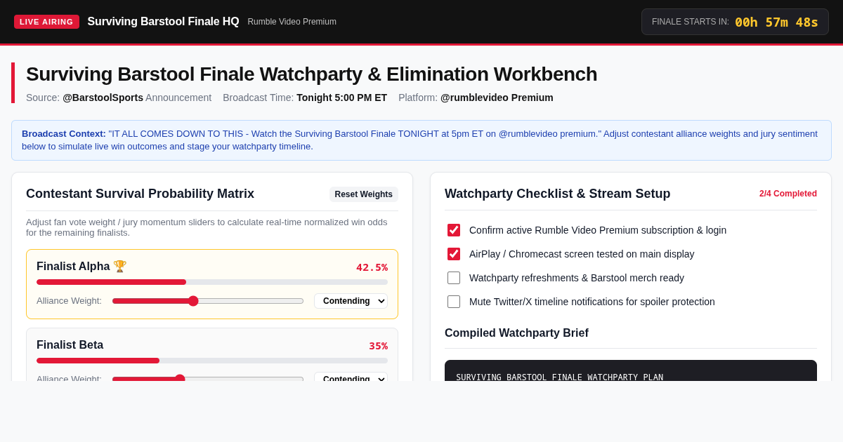 Surviving Barstool Finale Watchparty & Elimination Timeline Workbench preview