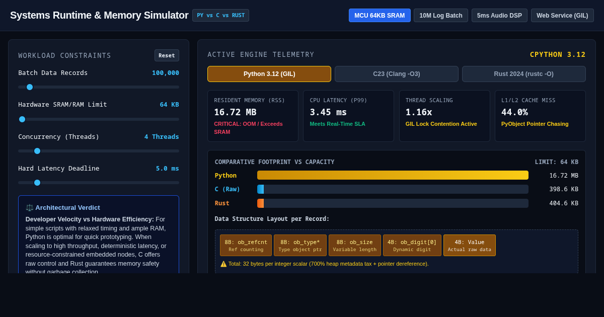 Python vs C vs Rust: Systems Runtime & Memory Tradeoff Simulator preview