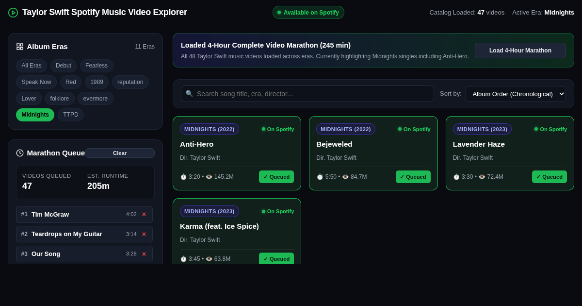 Taylor Swift Spotify Music Video Catalog & Marathon Builder preview