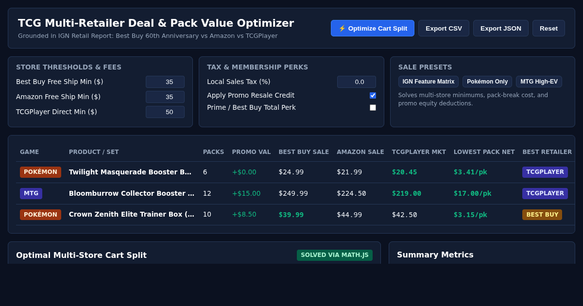TCG Multi-Retailer Deal & Pack Value Optimizer preview