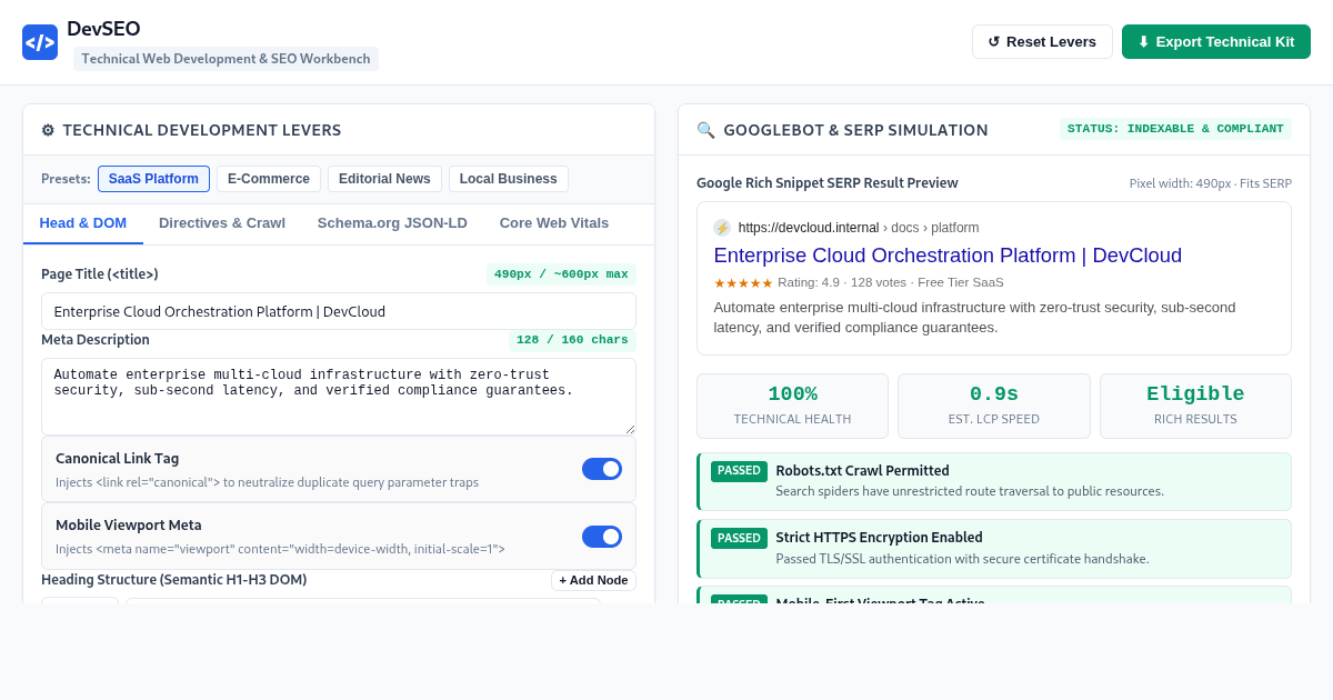 DevSEO: Technical Web Development SEO Workbench preview