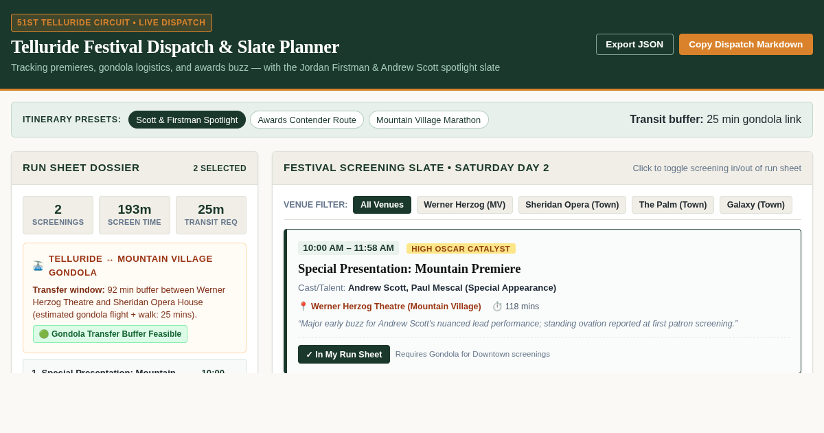 Telluride Festival Dispatch & Slate Planner preview