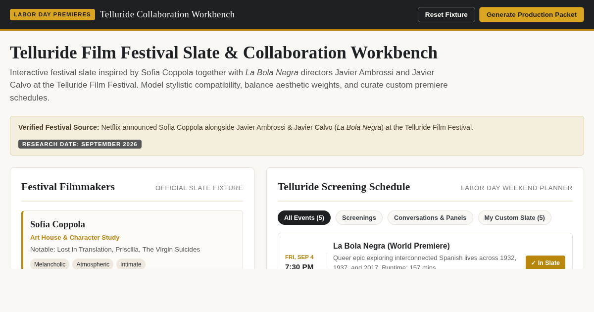 Telluride Film Festival Slate & Collaboration Workbench preview