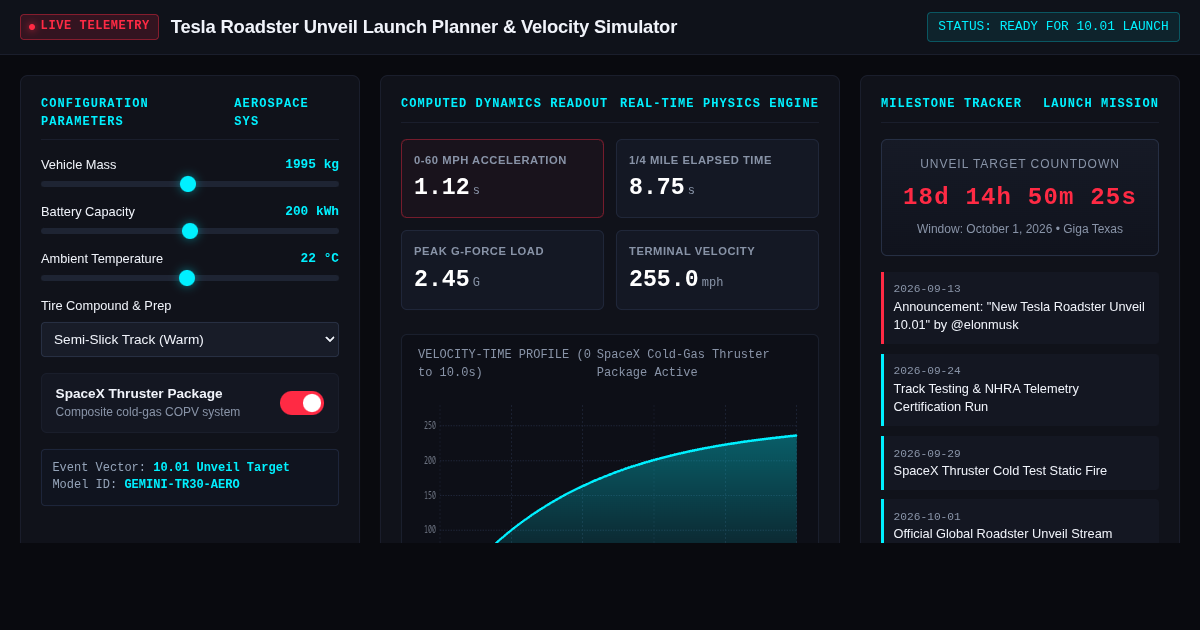 Tesla Roadster Unveil Launch Planner & Velocity Simulator preview