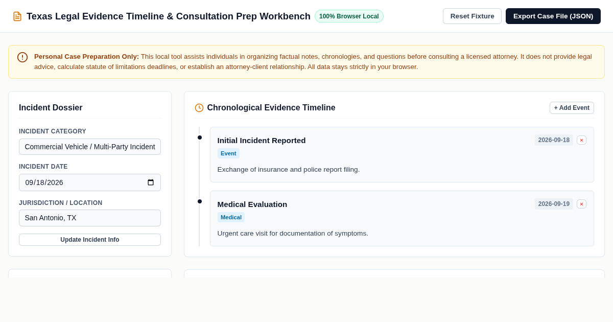 Texas Legal Evidence Timeline & Consultation Prep Workbench preview