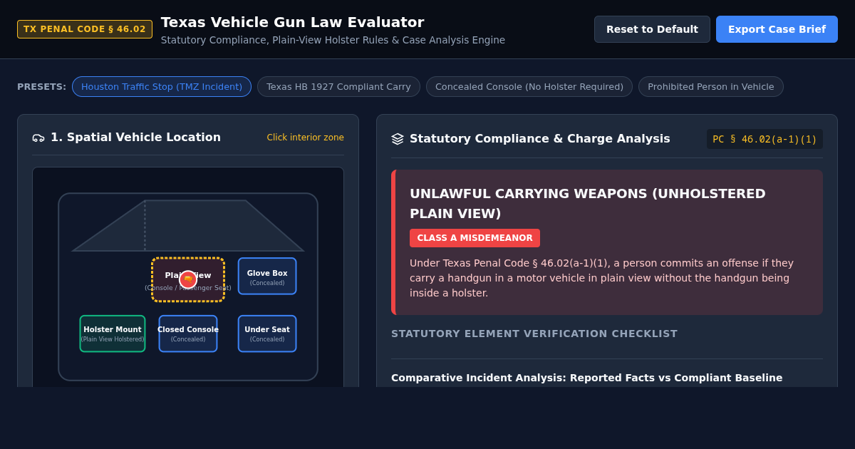 Texas Vehicle Gun Law Evaluator (PC 46.02) preview