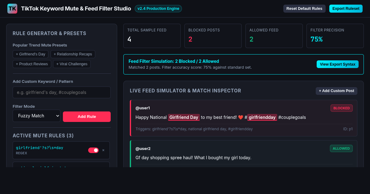 TikTok Keyword Mute & Feed Filter Studio preview