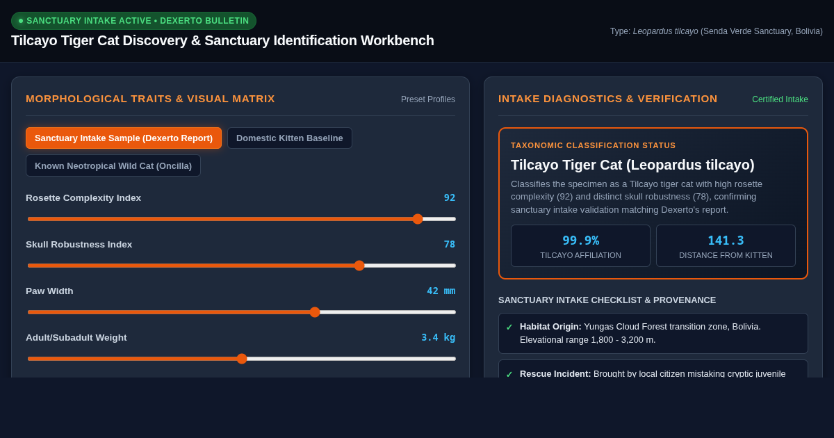 Tilcayo Tiger Cat Discovery & Sanctuary Identification Workbench preview