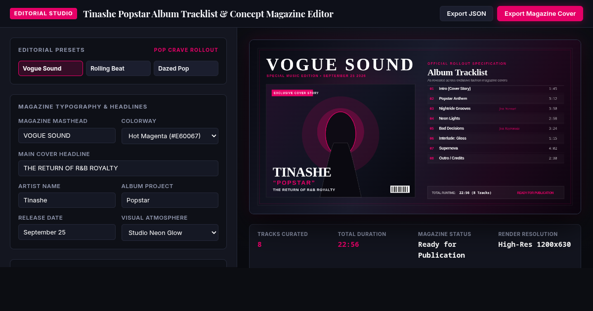 Tinashe Popstar Album Tracklist & Concept Magazine Editor preview