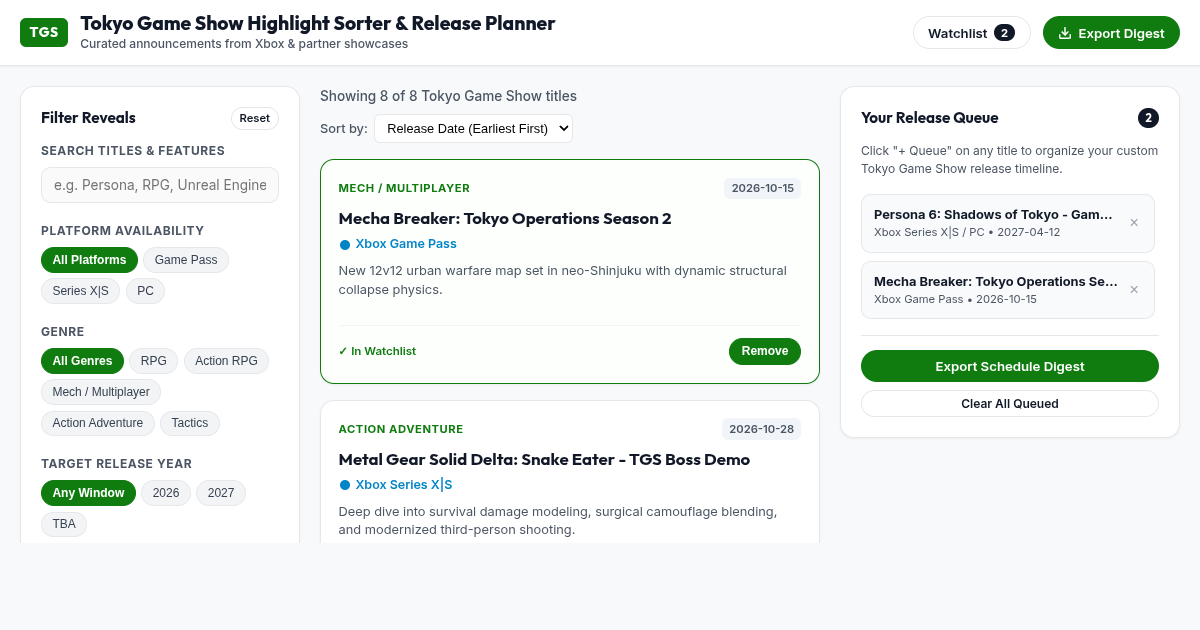 Tokyo Game Show Highlight Sorter & Release Planner preview