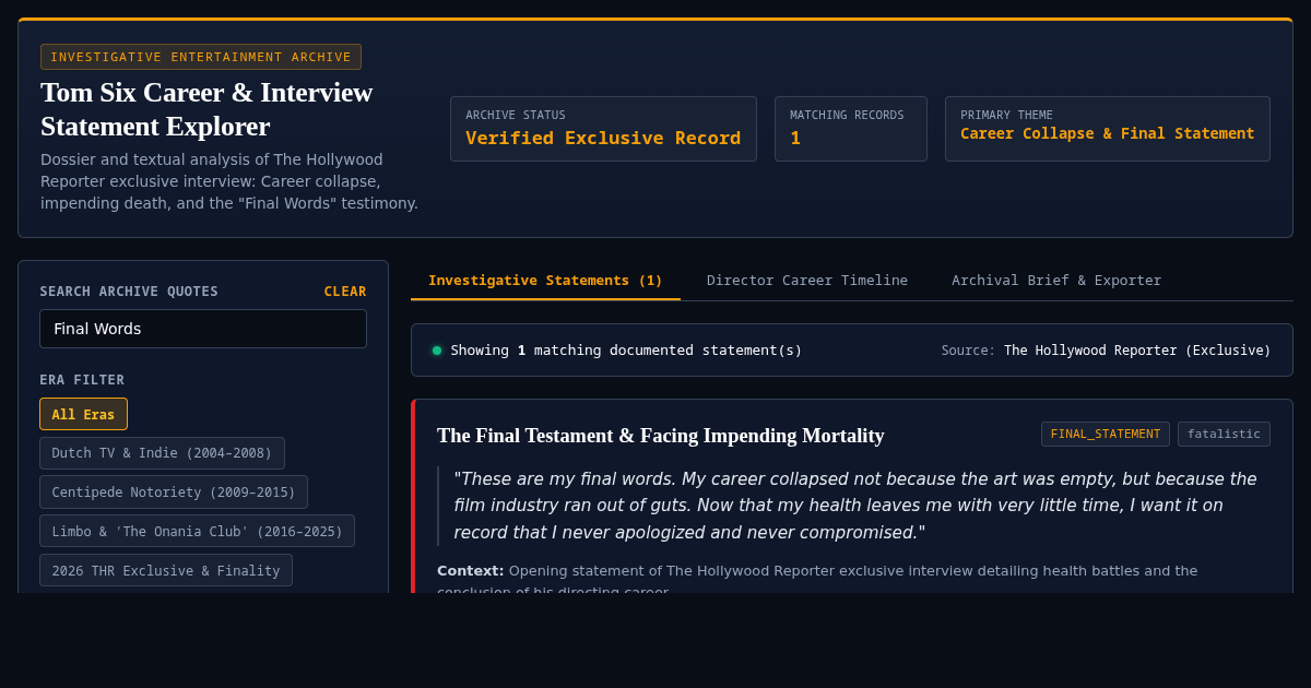Tom Six Career and Interview Statement Archive Explorer preview