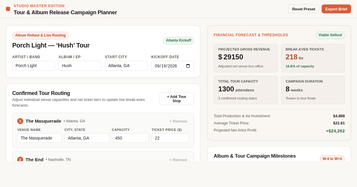 Tour & Album Release Campaign Planner | Porch Light Studio preview