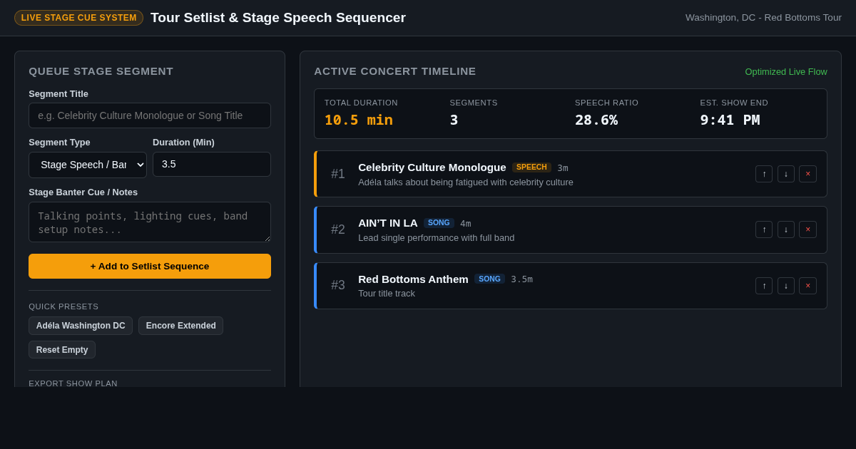 Tour Setlist & Stage Speech Sequencer | Adéla Live Flow preview