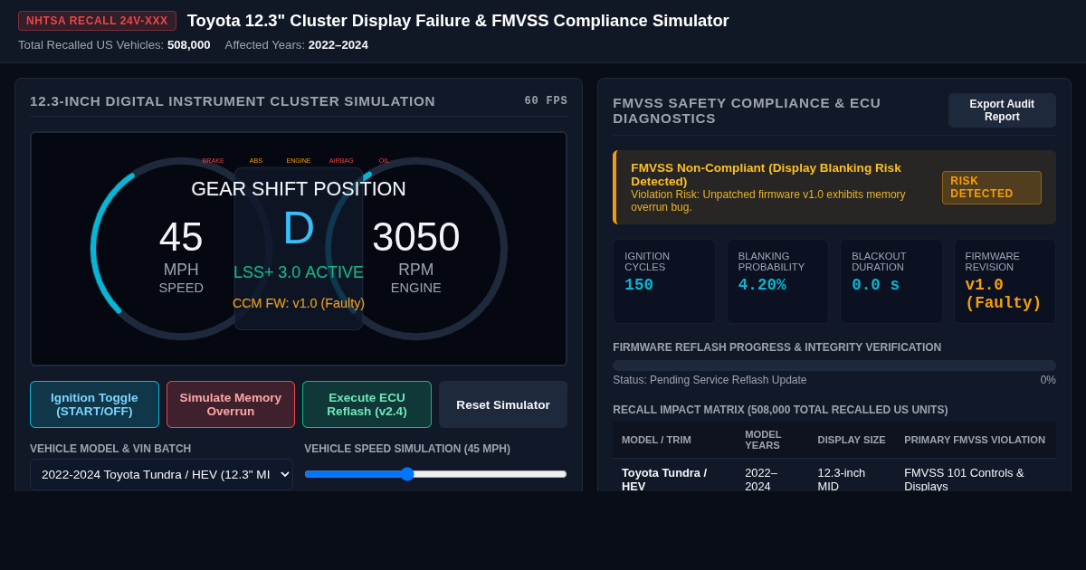 Toyota Instrument Cluster Recall & FMVSS Compliance Simulator preview