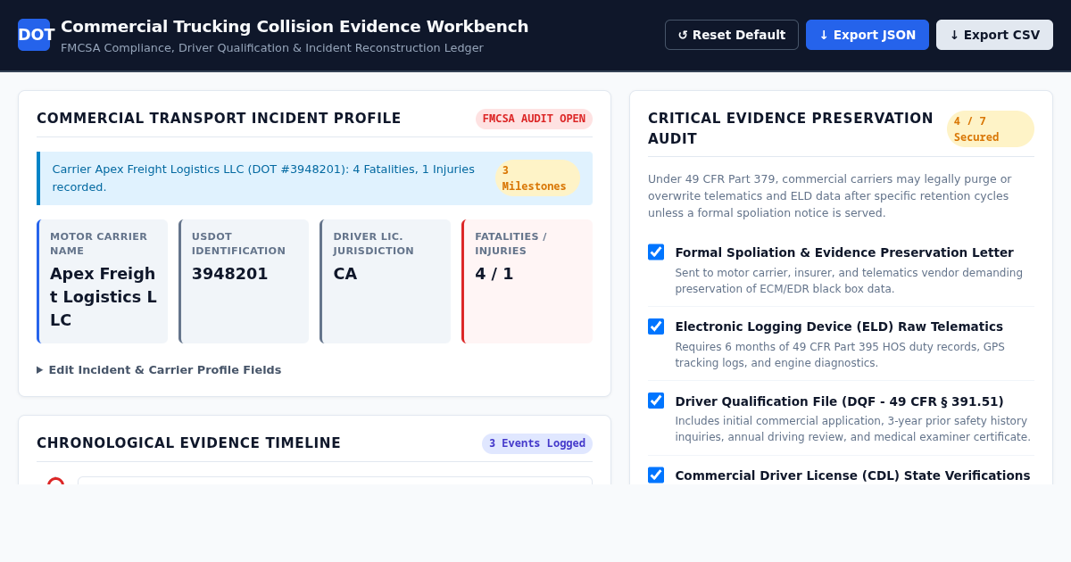 Commercial Trucking Collision Evidence & Timeline Reconstruction Workbench preview