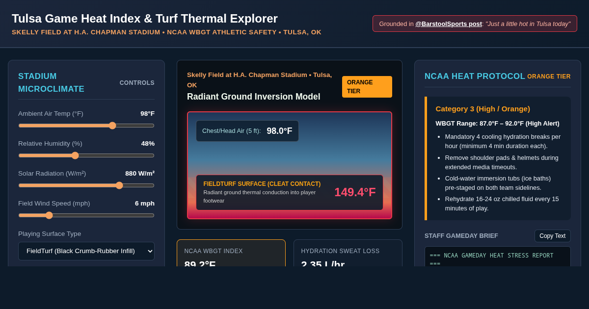 Tulsa Game Heat Index & Turf Thermal Impact Explorer preview