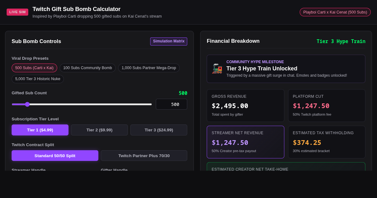 Twitch Gift Sub Bomb Calculator & Streamer Revenue Simulator preview