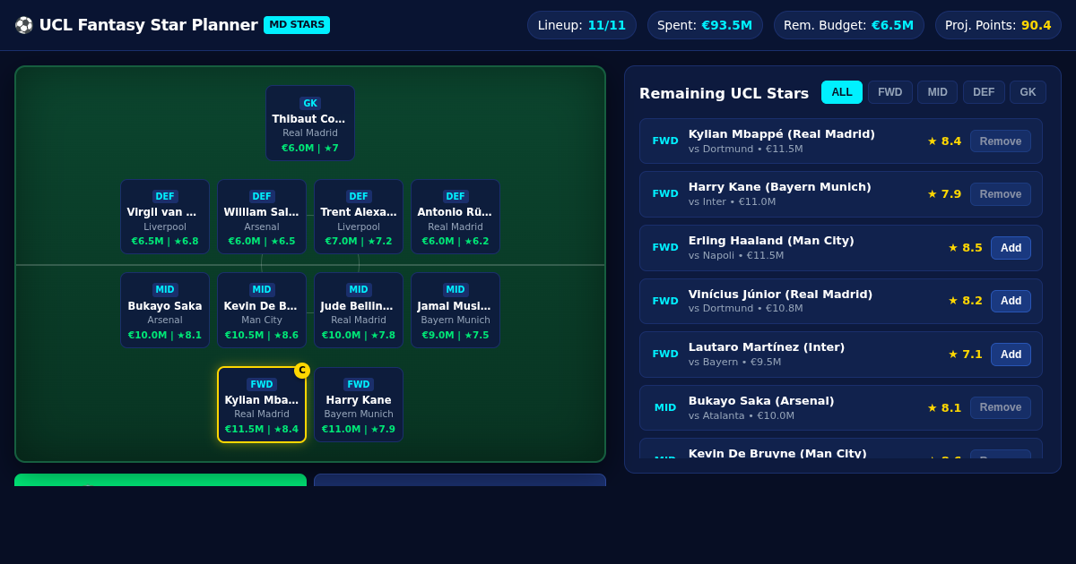 UCL Fantasy Star Fixture Matrix & Lineup Builder preview