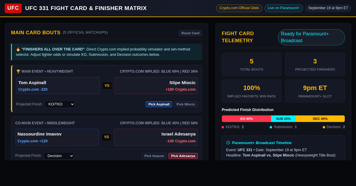 UFC 331 Finisher & Matchup Card Builder | Paramount+ Crypto.com preview