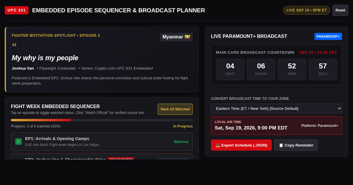 UFC 331 Embedded Episode Sequencer & Broadcast Planner preview