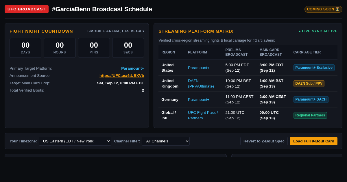 UFC Garcia Benn Broadcast Tracker & Event Schedule Builder preview