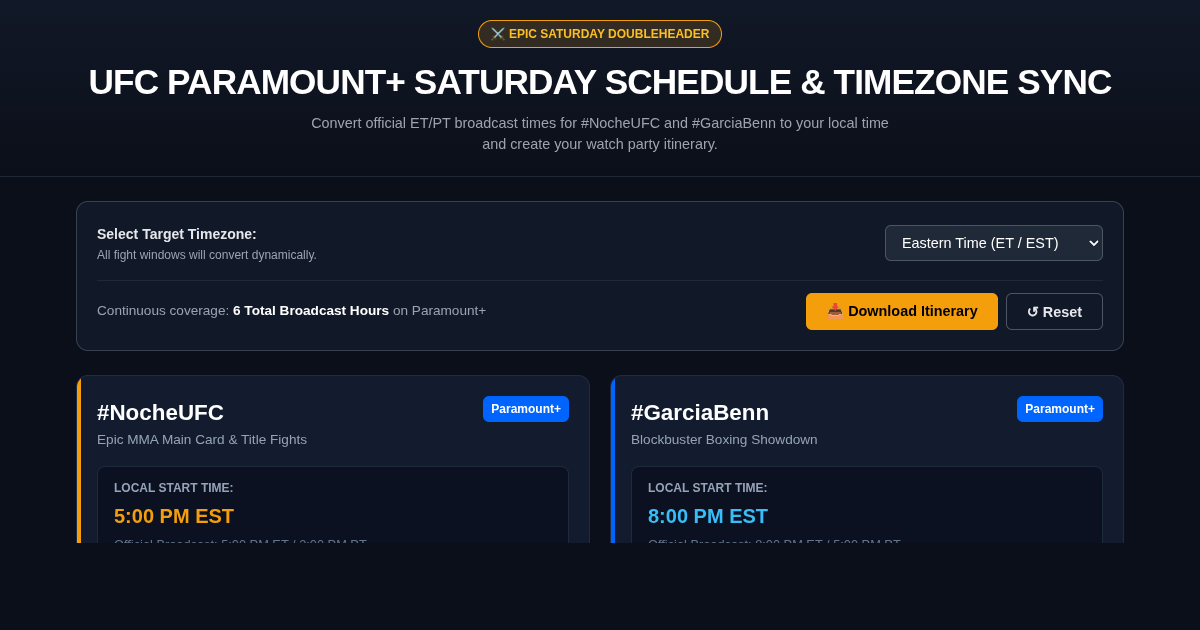 UFC Paramount Plus Saturday Fight Card & Time Converter preview