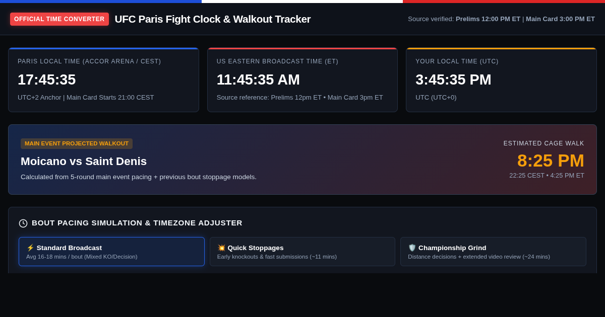UFC Paris Fight Clock & Walkout Tracker | Live Schedule Engine preview