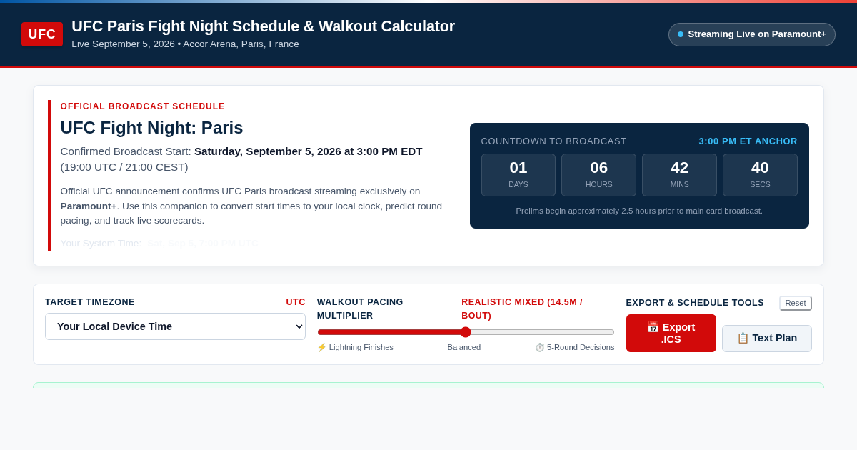 UFC Paris Fight Night Schedule & Walkout Calculator preview