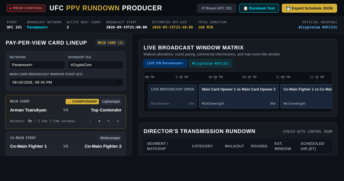 UFC Pay-Per-View Fight Card & Broadcast Timeline Producer preview