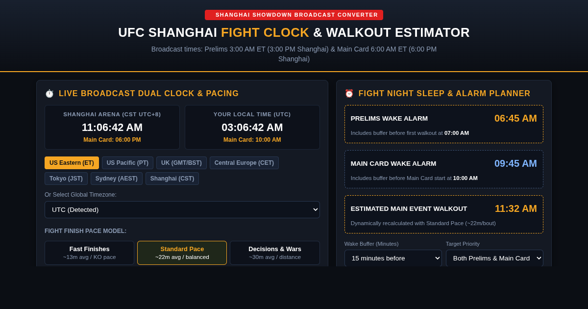 UFC Shanghai Global Fight Clock & Walkout Estimator preview