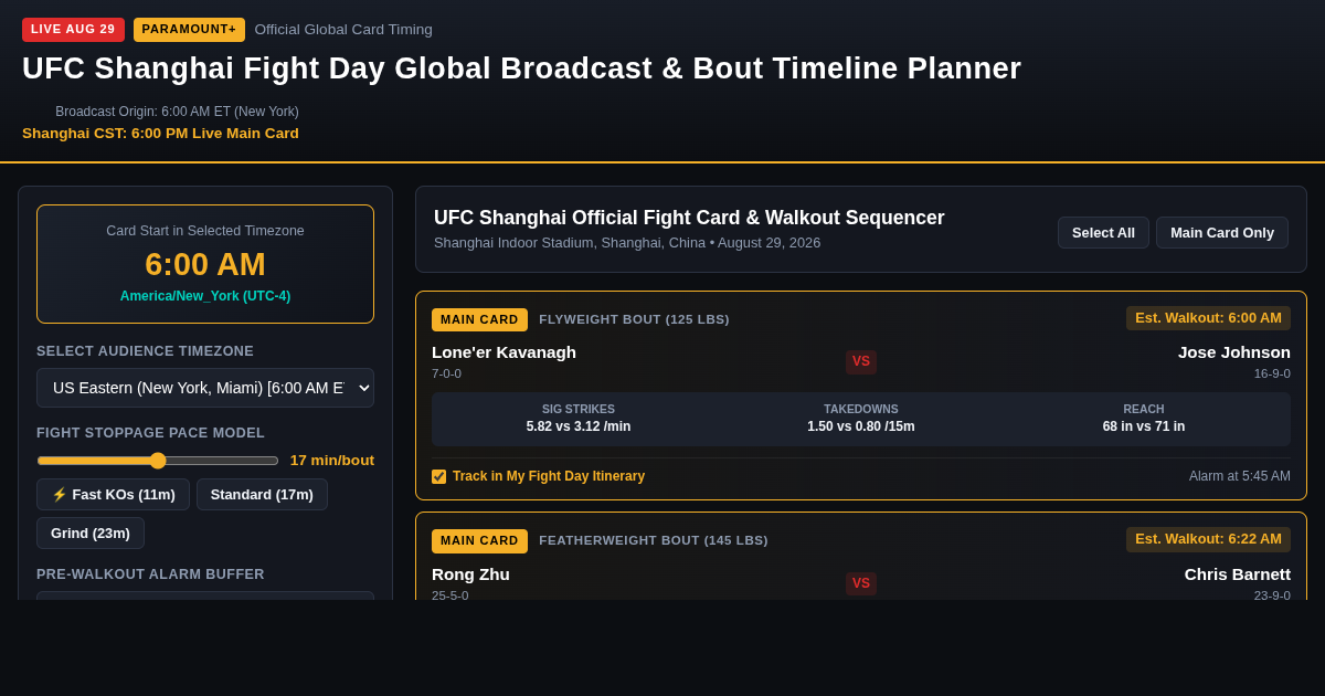UFC Shanghai Fight Day Global Broadcast & Bout Timeline Planner preview