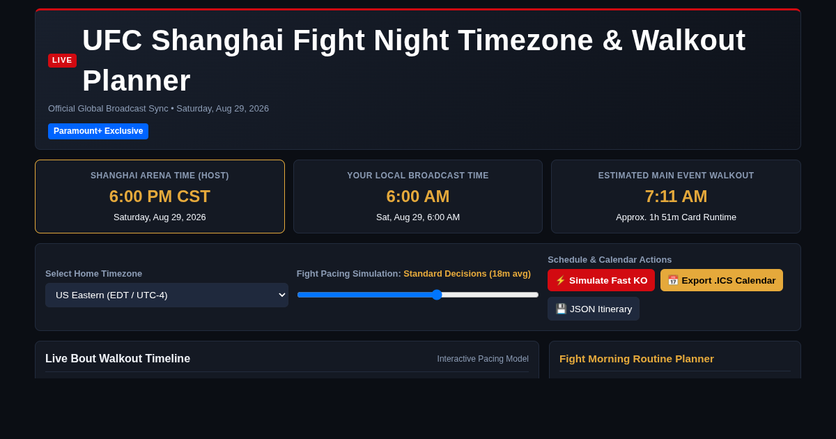 UFC Shanghai Fight Night Timezone & Walkout Planner preview