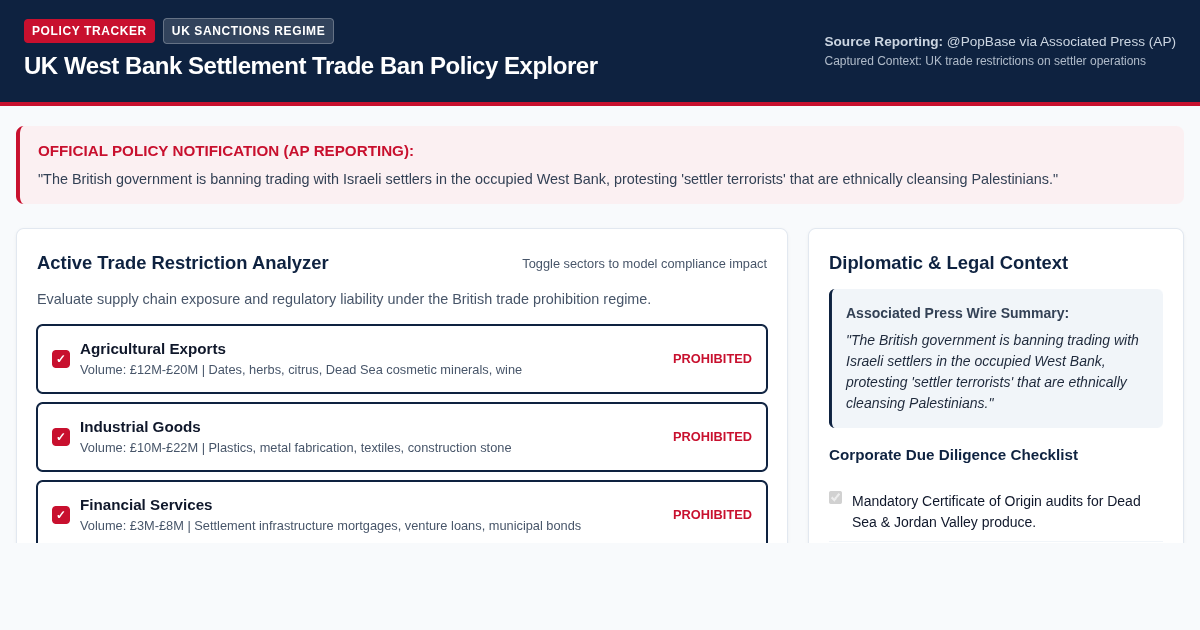 UK West Bank Settlement Trade Ban Policy Explorer preview
